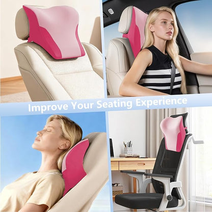 BABUR Car Neck Pillow for Driving Seat, Memory Foam Car Headrest Pillow, Ergonomic Neck Support, Breathable Removable Cover, Adjustable Strap, Pain Relief for Long Drives, Universal Fit | Pink
