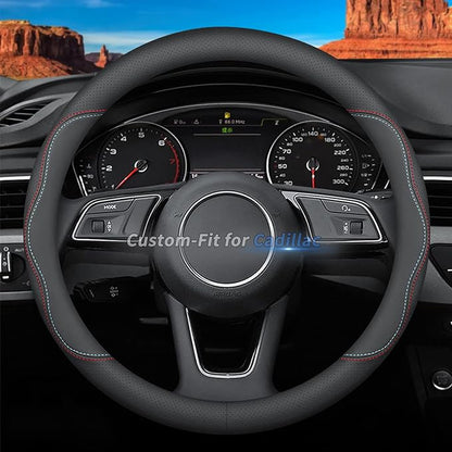 Deer Route Custom-Fit Leather Steering Wheel Cover for Cadillac, A-Style, Non-Slip, Breathable