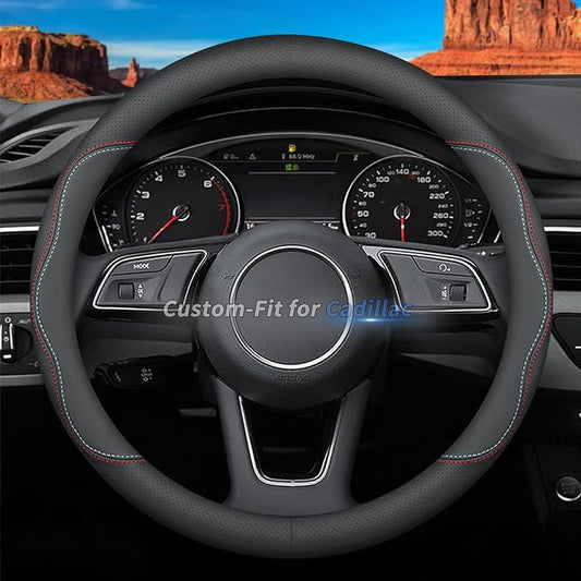 Deer Route Custom-Fit Leather Steering Wheel Cover for Cadillac, A-Style, Non-Slip, Breathable