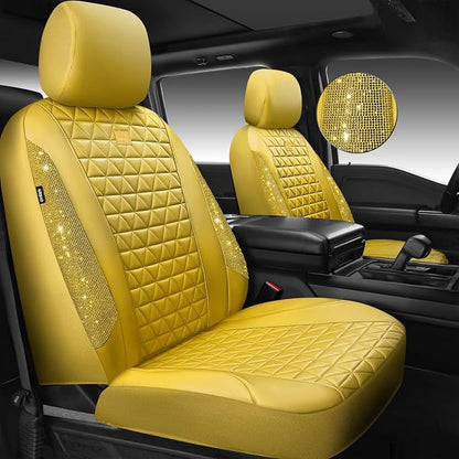 CAR PASS Yellow Bling Diamond Leather Car Seat Cover Full Sets,Waterproof Shining Glitter Sparkly Crystal Universal Fit for Automotive Truck SUV Cute Women Girl Airbag Compatable,All Yellow Rhinestone