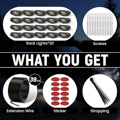 YONEDA 20 Pods White Rock Lights 6000K 42LED Bright LED Underglow Lights IP68 Waterproof for Trucks SUV UTV ATV RZR Car Boats Pickup Motorcycle with 39.37ft Extension Wire