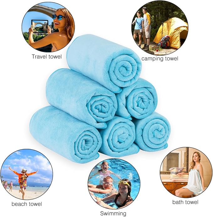 JML Microfiber Bath Towels Set (6 Pack, 27" x 55") - Large, Soft, Absorbent and Fast Drying Microfiber Towel for Adult Men Women, Hair Wrap, Sauna, Beach, Pool, Sports, Yoga - Sky Blue