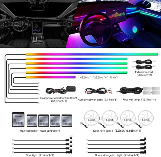 Dreamcolor Acrylic Interior Car LED Strip Light with Wireless APP, Dual Zone RGB 22 in 1 with 175 inches 600 LEDs Fiber Optic Ambient Lighting Kits, Music Sync Neon LED Strip for Car Accessories
