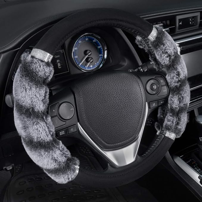 BDK Bear Fur Plush Steering Wheel Cover - Cute Faux Wool Protector for Women Girls Fits Wheels 14.5-15 inch Two Tone Black/Gray - with Glitter