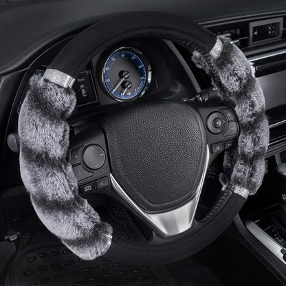 BDK Bear Fur Plush Steering Wheel Cover - Cute Faux Wool Protector for Women Girls Fits Wheels 14.5-15 inch Two Tone Black/Gray - with Glitter
