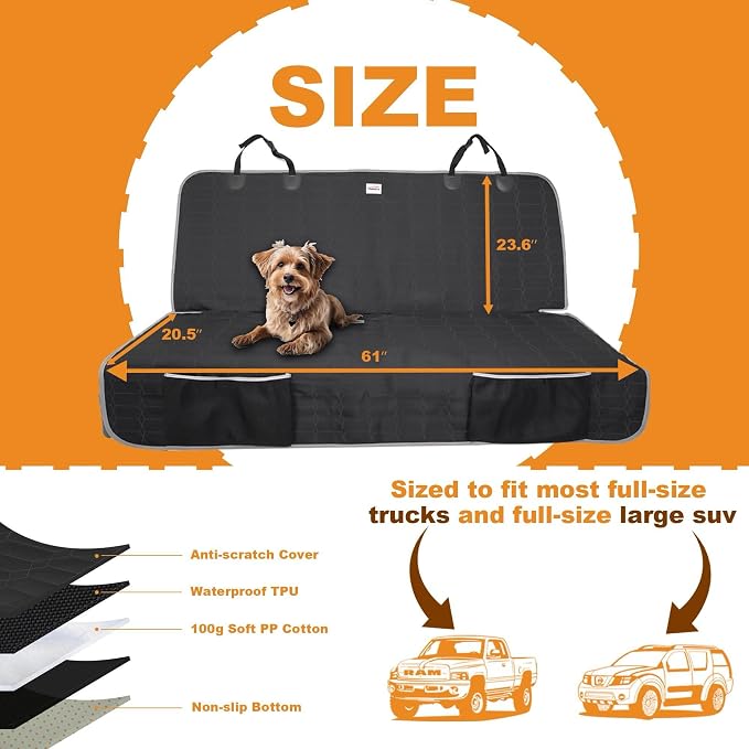 Reliadura Dog Car Seat Cover for Back Seat, Car Seat Covers for Pets, Nonslip Backseat Cover Protector, Washable Bench Seat Covers for Trucks & SUV
