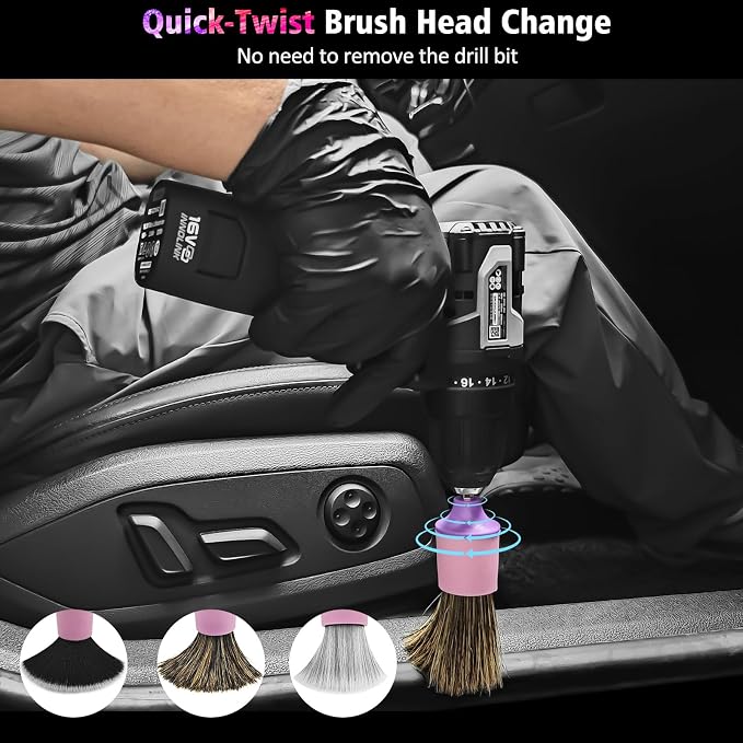 3Pcs Car Detailing Drill Brush Set with Drill Brush Attachment Head, 1P Ultra Soft No Scratch Car Drill Brush for Air Vent Leather Seat, 1P Boars Hair & 1P Detailing Brushes for Interior Exterior,Pink