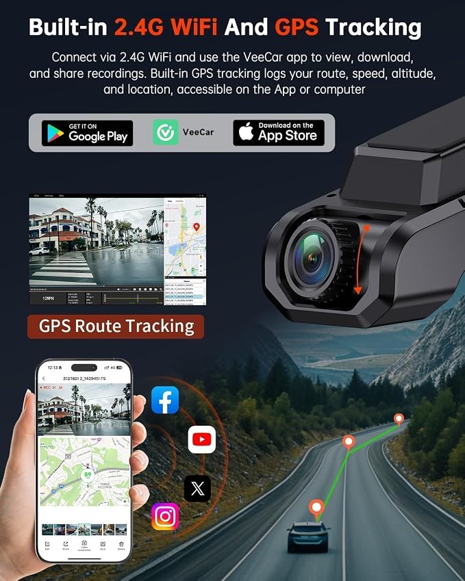 Dash Cam Front and Rear, 4K Ultra HD+1080P Dash Camera for Cars, Built-in Wi-Fi GPS, Included 32GB Card, 2.0'' IPS Screen Mini Car Camera, App, Night Vision, 170°Wide Angle, 24H Parking Mode