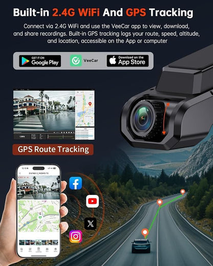 Dash Cam Front and Rear, 4K Ultra HD+1080P Dash Camera for Cars, Built-in Wi-Fi GPS, Included 32GB Card, 2.0'' IPS Screen Mini Car Camera, App, Night Vision, 170°Wide Angle, 24H Parking Mode