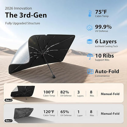 2026 Upgraded Windshield Sun Shade Umbrella for Hyundai Tucson [Precision Custom Fit, Superior UV & Heat Block] Cooling Tech Fabric, Durable Foldable with Storage Bag, Fits 2005-2026