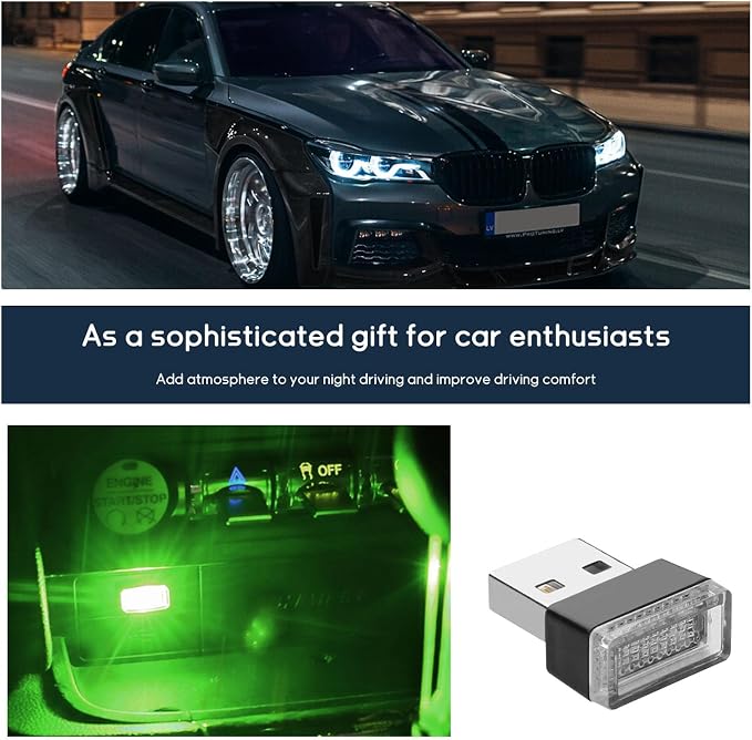 Dickno 4 PCS USB LED Car Interior Atmosphere Lamp, Portable Mini LED Night Light, Plug-in USB Interface Trunk Ambient Lighting Kit, Universal Vehicle Interior Accessories (Green)