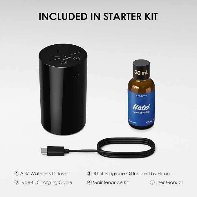 Waterless Essential Oil Diffuser Starter Kit with 30mL Hotel Fragrance Oil Inspired by Hilton, Battery Operated Diffuser Oil Machine, Portable Aroma Diffuser for Home Car Office, ANZ-Kit