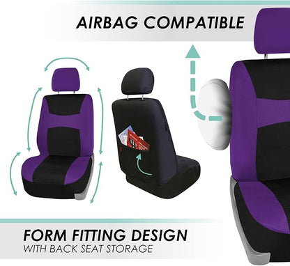 FH Group Flat Cloth Seat Covers Front Seat and Solid Rear Bench Full Set with Gift - Universal Fit for Cars, Trucks & SUVs (Purple)