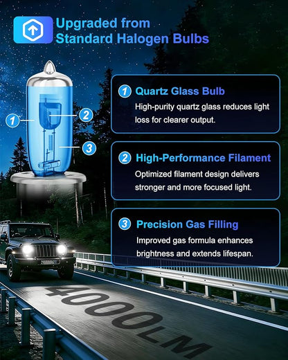 9003/H4 Halogen Headlight Bulbs, Standard High Beam or Low Beam or Fog Light Bulb, 12V 55W 5000K,4000 Lumens,White Headlight Bulbs,Head Light Bulbs for Car,High Brightness Headlight Bulb, Pack of 2