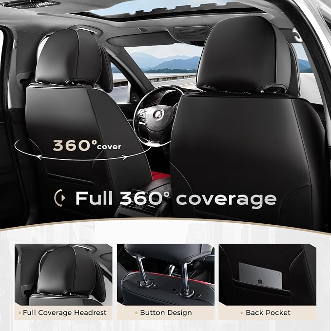 Coverado Seat Covers Full Set, 5 Seats Seat Covers for Cars, Waterproof Nappa Leather Car Seat Covers with Head Pillow, Seat Protectors Car Seat Cushion Universal Fit for Most Cars (Black&Red)