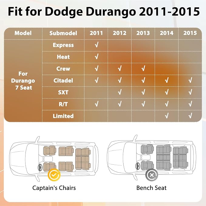 Floor Mats & Cargo Liner for Dodge Durango 7 Seats 2011 2012 2013 2014 2015, Custom Fit All Weather TPE Liners, Waterproof Anti-Slip Car Mats Accessories 1st & 2nd & 3rd Row & Trunk with Backrest Mat