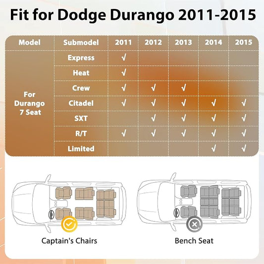 Floor Mats & Cargo Liner for Dodge Durango 7 Seats 2011 2012 2013 2014 2015, Custom Fit All Weather TPE Liners, Waterproof Anti-Slip Car Mats Accessories 1st & 2nd & 3rd Row & Trunk with Backrest Mat