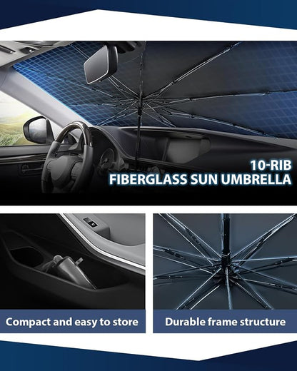 Universal Foldable Windshield Sunshade Sun Shade Umbrella 2PCS for Cars, Trucks & SUVs,Blocks Heat & Keeps Interior Cool,Long & Short Frequency Demand(Sunshade 62.99"x33.86",Umbrella 55.12"x31.5")