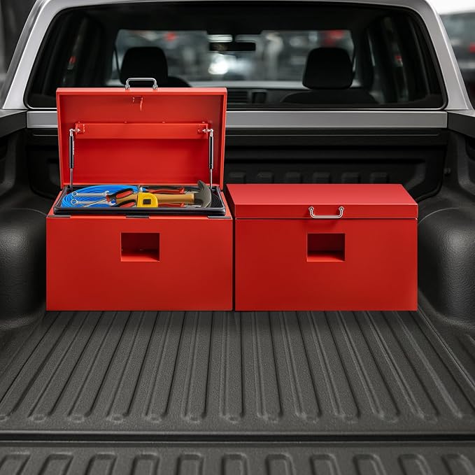 24" Truck Tool Box,Heacy Duty Metal Storage Organizer with Strong locking tongue,Trailer Tongue Box with Safe Hinge, for Truck,Pickup,RV,Garage,Best gift for family and friend,Red Power Coating