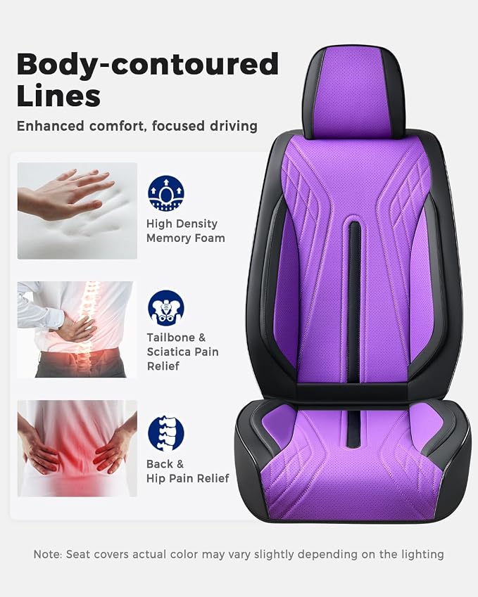 Huidasource Car Seat Covers Full Set, Universal Fit for Most Cars SUV Trucks, Full Coverage Nappa Leather Seat Cover, Airbag, Cupholder Compatible, Velcro Adjustable, Black&Purple