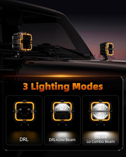 SPL 4" Off Road Lights with Amber Covers, 90W 12000LM LED Pod Lights with Amber DRL & Hi/Lo Beam, Auxiliary Driving Light Led Cube with DT Wiring Harness for Trucks Jeep Pickup SUV ATV UTV, 2PCS