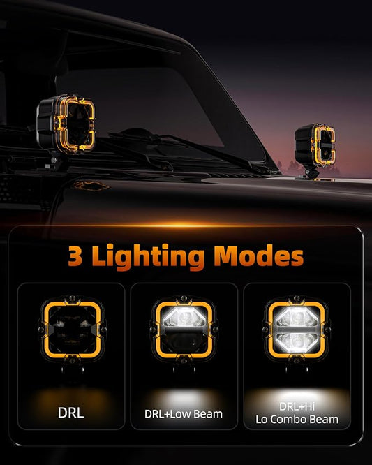 SPL 4" Off Road Lights with Amber Covers, 90W 12000LM LED Pod Lights with Amber DRL & Hi/Lo Beam, Auxiliary Driving Light Led Cube with DT Wiring Harness for Trucks Jeep Pickup SUV ATV UTV, 2PCS