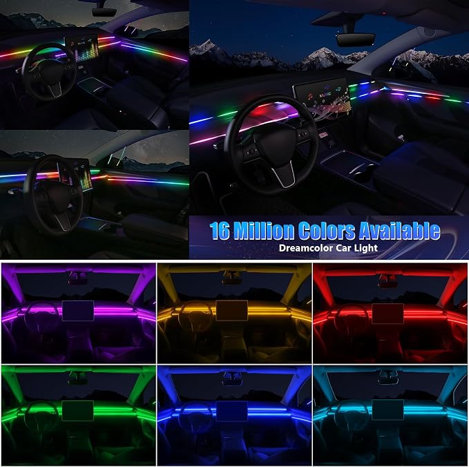 Acrylic Interior Car LED Strip Light with Wireless APP, RGB Dreamcolor 6 in 1 with 175 inches 600 LEDs Fiber Optic Strip Lights for Car, Dynamic Chasing Sound Active Neon Car Ambient Lighting Kits