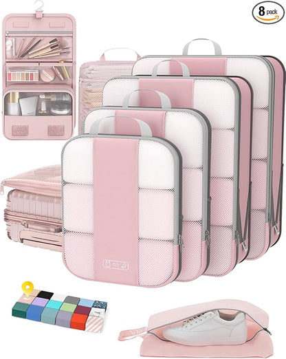 OlarHike 8 Set Compression Packing Cubes for Travel Essentials,Compressible Expandable Space Saver Bags for Organizing Clothes,Luggage Suitcase Garment Bags with Over 1000 pcs Mesh Holes(Pink)