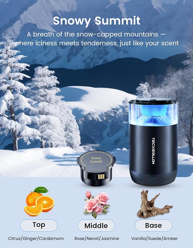 TECXERLLON Smart Car Air Freshener Diffuser with Ambient Light, Oil Level Indicator, 2 Scent Refills, Auto On/Off, 4 Mist Modes, 1600 Sprays Rechargeable Aroma Diffuser for Car, Home, Office, Bedroom
