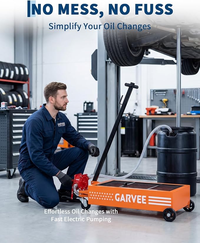 Garvee Oil Drain Pan, 15 Gallon Waste Oil Drain Pan for Oil Change, Steel, 8-8.2 ft Hose& Folding Handle&Rolling Cart, Heavy Duty for Trucks,Manual,Orange