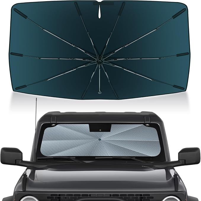 Autorder Windshield Sun Shade Umbrella for 2021-2025 Ford Bronco Accessories,Upgraded Ice Crystal Material,Easy Setup Umbrella Sunshade for Car Windshield,100% Sun Blocking(Not for Bronco Sport)
