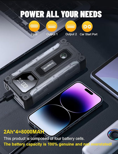 Sharmeal Car Jump Starter 6500A, Jump Starter Battery Pack for All Gas and 10.0L Diesel, 12V Portable Jump Box with LED Light