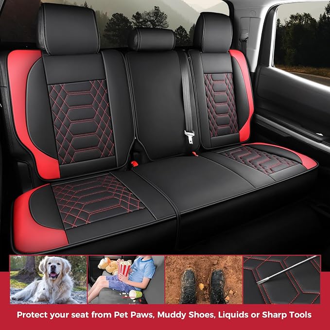 FREESOO Tundra Seat Covers 2026 2025 2024 2023 2022 Full Set, Fit for Toyota Tundra Crewmax Double Cab, Custom Truck Seat Covers with Waterproof Faux Leather BlackRed
