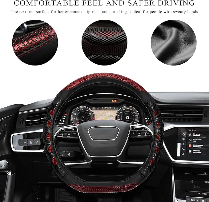 Car Steering Wheel Cover, 15 Inch Anti-Slip Steering Wheel Cover Protector with 3D Honeycomb Design, Universal Steering Wheel Covers for Cars Truck SUV, Car Accessories (Red)