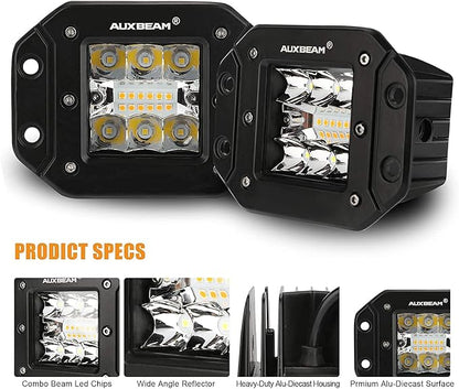 Auxbeam 5Inch LED Pod Lights, 72W Flush Mount Driving Strobe Bumper Fog Pods, 6 Modes White Amber Flashing Offroad Spot Flood Combo Light Bar with Memory Function (2 Packs)