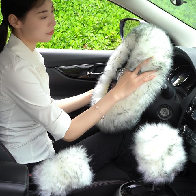 Fuzzy Genuine Sheepskin Steering Wheel Cover Set for Women Parents-Fluffy Soft Australian Merino Wool Fur Wrap with Gear Shift and Hand Brake Covers, Cozy Stylish Luxury Car Accessories (Wolf Tipped)