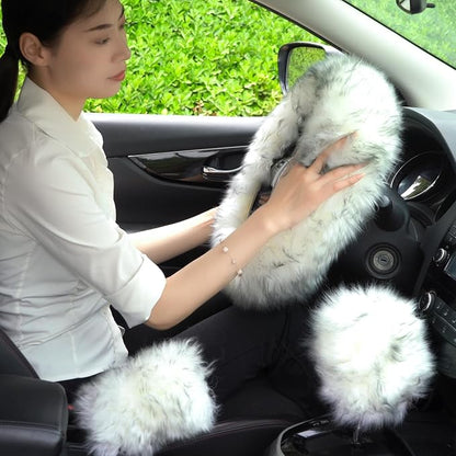 Fuzzy Genuine Sheepskin Steering Wheel Cover Set for Women Parents-Fluffy Soft Australian Merino Wool Fur Wrap with Gear Shift and Hand Brake Covers, Cozy Stylish Luxury Car Accessories (Wolf Tipped)