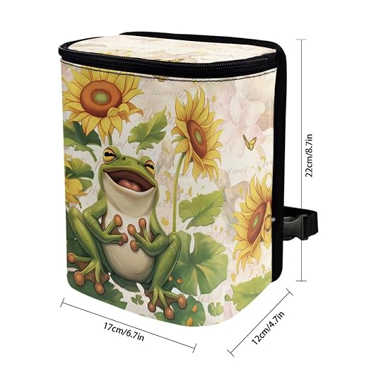 Talayituse Frog Sunflower Butterfly Print Car Trash Bin, Large Size Auto Trash Can Adjustable Portable Garbage Can with Lid, Vehicle Hanging Bag for Headrest Front Back Seat