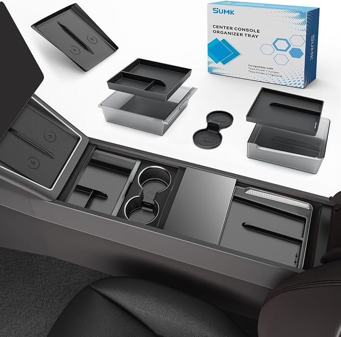 Center Console Organizer Tray for Tesla Model Y Juniper 2025 2026 (Premium & Performance) & Model 3 Highland, PC Material & Silent Silicone Armrest Storage Box Wireless Charging Pad Cup Holder