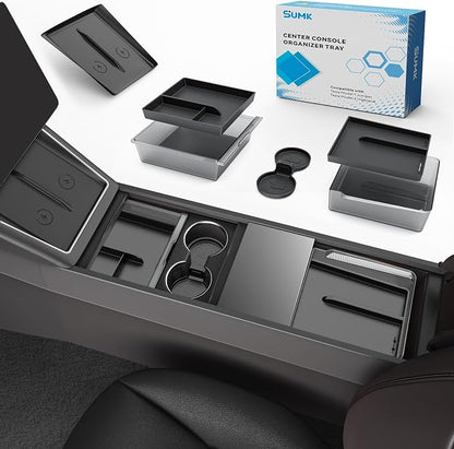 Center Console Organizer Tray for Tesla Model Y Juniper 2025 2026 (Premium & Performance) & Model 3 Highland, PC Material & Silent Silicone Armrest Storage Box Wireless Charging Pad Cup Holder
