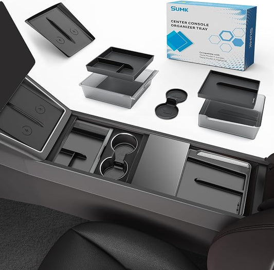 Center Console Organizer Tray for Tesla Model Y Juniper 2025 2026 (Premium & Performance) & Model 3 Highland, PC Material & Silent Silicone Armrest Storage Box Wireless Charging Pad Cup Holder