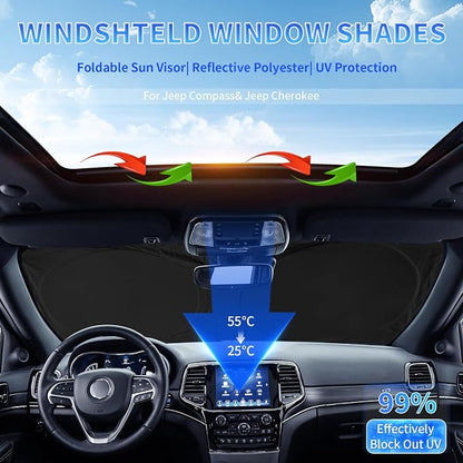 Sunshade for Jeep Compass 2017-2024 2025 Windshield Sun Shade, Custom fit Compass Front Windows Shade Cover Foldable Shield 240T Silver Sun Visor Blocks UV Rays Keep Car Cooler Accessories