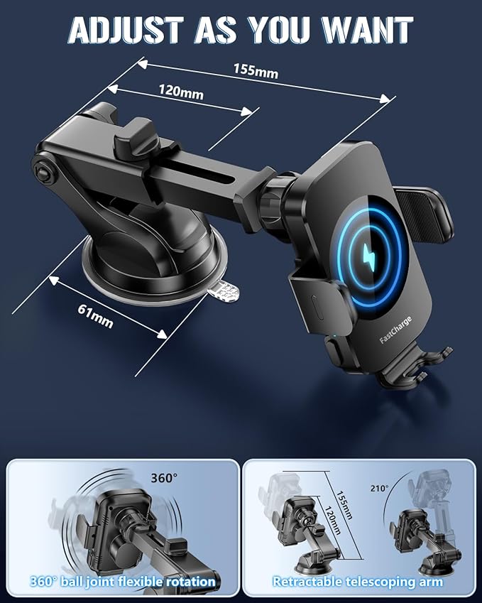 3-in-1 Wireless Car Charger Mount, 15W Fast Charging Auto-Clamping Phone Holder for iPhone 17 16 15 14, Samsung Galaxy S24 S23, Dashboard, Vent & Windshield Car Mount(Black)
