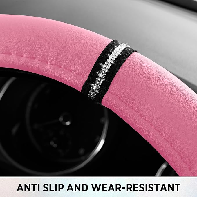 Road Comforts Leopard Steering Wheel Cover for Women, Cute Anti-Slip Microfiber Leather, Fits D Shape Flat Bottom Steering Wheel 14.5-15 Inch - Pink