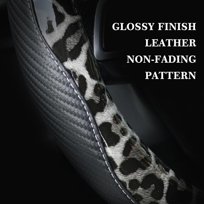 KAFEEK Black Leopard Steering Wheel Cover, 15 inch Carbon Fiber Texture, Grey White Cheetah Pattern, Non-Slip Microfiber Leather, Universal Fit for SUV Sedan
