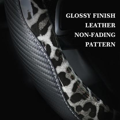 KAFEEK Black Leopard Steering Wheel Cover, 15 inch Carbon Fiber Texture, Grey White Cheetah Pattern, Non-Slip Microfiber Leather, Universal Fit for SUV Sedan