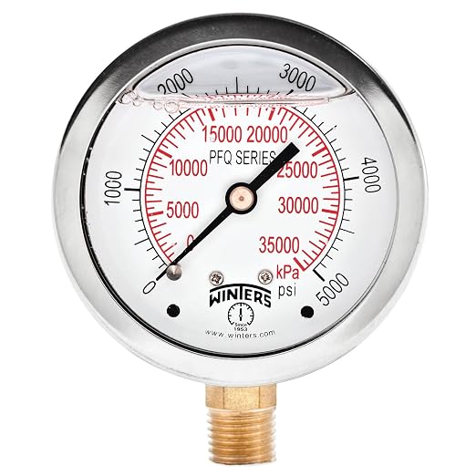 Winters 2-1/2" Dial Size, Liquid Filled Industrial Pressure Gauge, Brass Internals, Stainless Steel Case, Dual Scale 0-5,000 psi/kPa, 1.5% Acc, 1/4" NPT Bottom Mount, Glycerin Filled Pressure Gauge