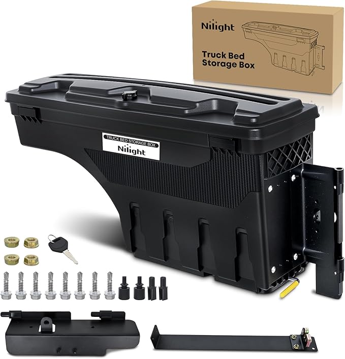 Nilight Truck Bed Tool Box Right Passenger Side Truck Tool Box Fit for Ford F-250/350 Super Duty 1999-2016 ABS Swing Case Truck Bed Storage Box with Lockable Lid Waterproof Wheel Well Toolbox Balck