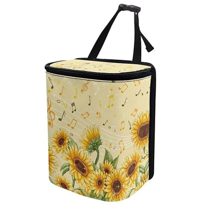 Talayituse Sunflower Music Note Print Car Trash Bin, Large Size Auto Trash Can Adjustable Portable Garbage Can with Lid, Vehicle Hanging Bag for Headrest Front Back Seat