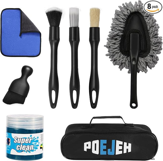 8-Piece Car Interior & Exterior Cleaning Kit - 160g Gel (128% More Than 70g), Boars Hair Brushes, Ultra-Soft Detail Brush, Microfiber Cloths, Duster | for Auto/Truck/SUV